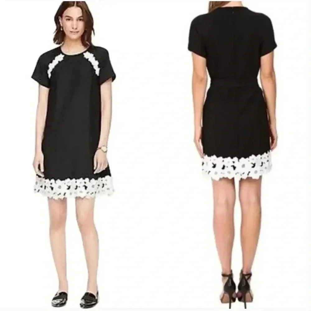 Kate Spade Dress Floral Lace Trim Crepe Short Sleeve Mini Black White Size 4